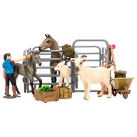 Игрушки фигурки в наборе серии "На ферме", 18 предметов (фермер, 2 лошади, 2 козлика,  ограждение-загон, инвентарь)
